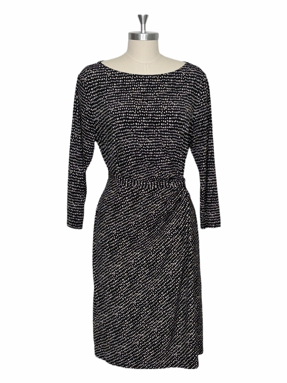 Ann Taylor Black Off-White Dotted Midi Dress Figure Flattering Tie-Waist Large